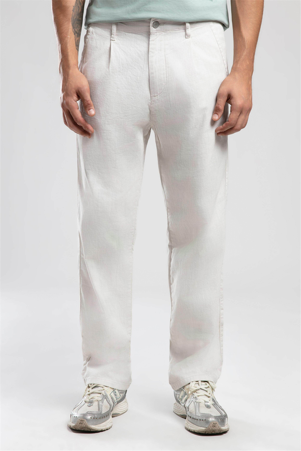 Matteo Orta-Yüksek Bel Bol Düz Kesim Düz Paça %100 Pamuk Ekru Erkek Pantolon