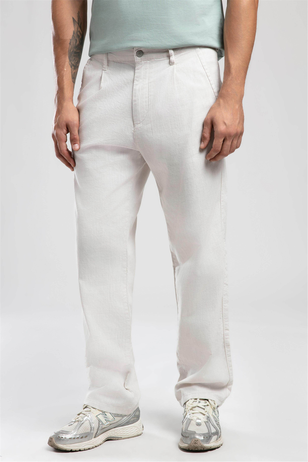 Matteo Orta-Yüksek Bel Bol Düz Kesim Düz Paça %100 Pamuk Ekru Erkek Pantolon