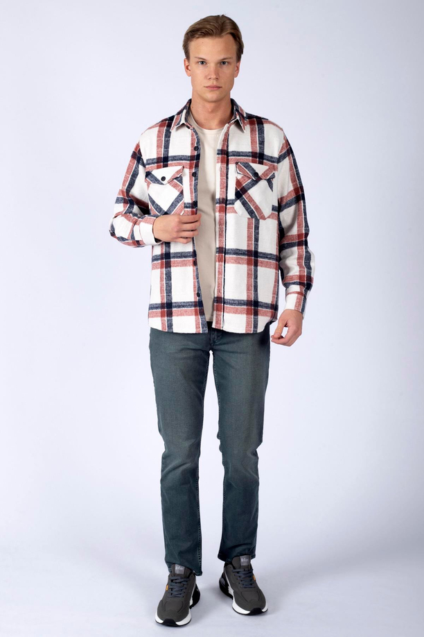 Moses Erkek Dokuma U.Kol Gömlek Tarçın-Lacivert Ekose 