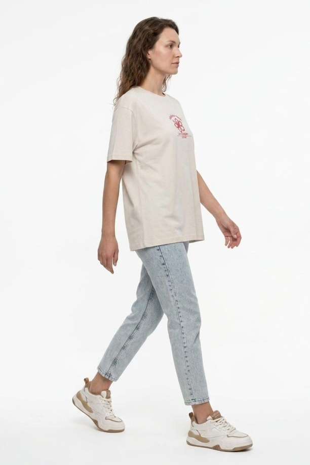 NEW Kadın Oversize Baskılı Bisiklet Yaka T-Shirt Ekru
