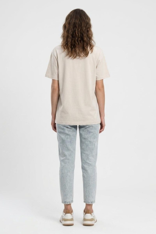 NEW Kadın Oversize Baskılı Bisiklet Yaka T-Shirt Ekru