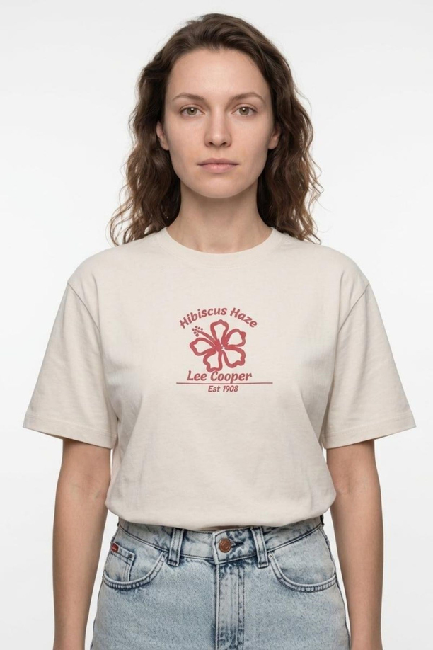 NEW Kadın Oversize Baskılı Bisiklet Yaka T-Shirt Ekru