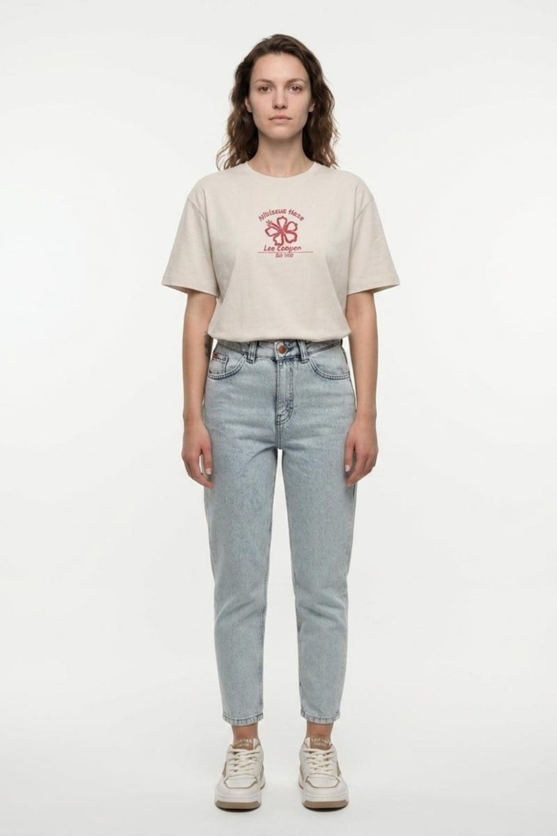 NEW Kadın Oversize Baskılı Bisiklet Yaka T-Shirt Ekru