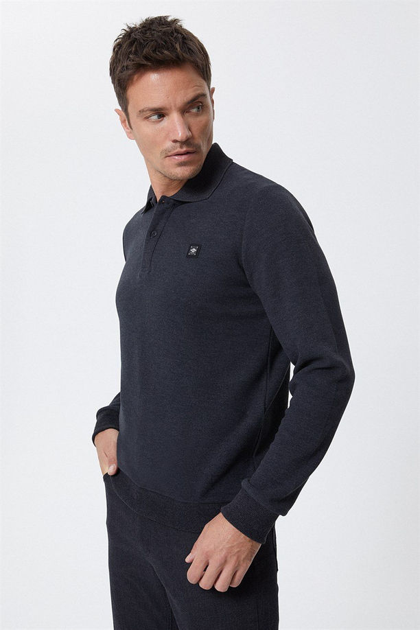 Newblend Erkek Polo Yaka Sweatshirt Antrasit-Melanj