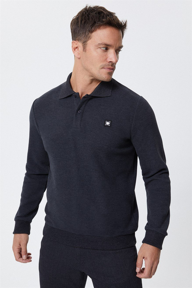 Newblend Erkek Polo Yaka Sweatshirt Antrasit-Melanj
