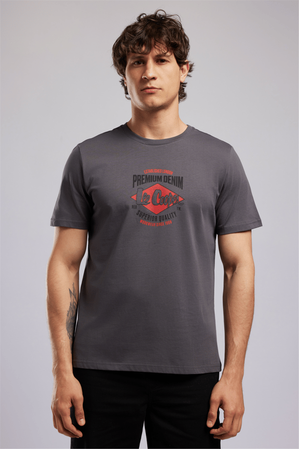 PREMIUM Erkek Regular Fit Baskılı Bisiklet Yaka T-Shirt Gri