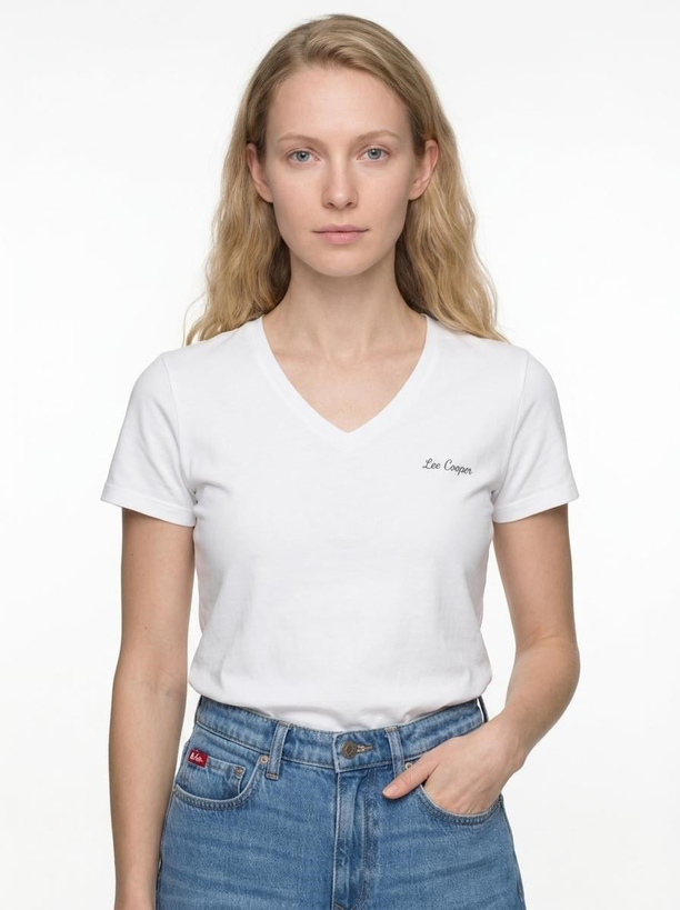 SADE Kadın Rahat Kesim Baskılı V Yaka T-Shirt Beyaz