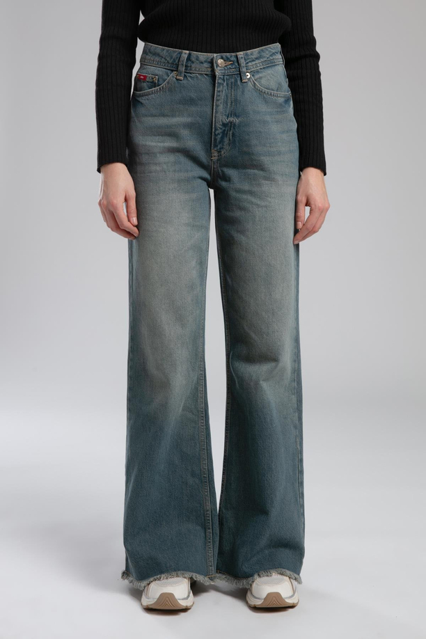 Sandy Yüksek Bel Geniş Paça Kesim Geniş Paça Mavi Kadın Jean Pantolon