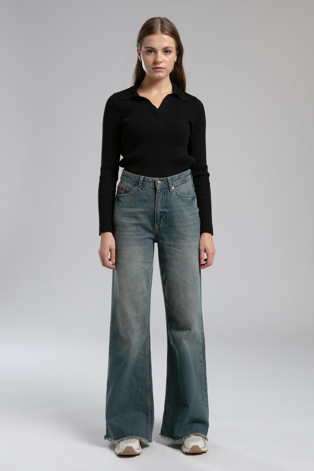 Sandy Yüksek Bel Geniş Paça Kesim Geniş Paça Mavi Kadın Jean Pantolon