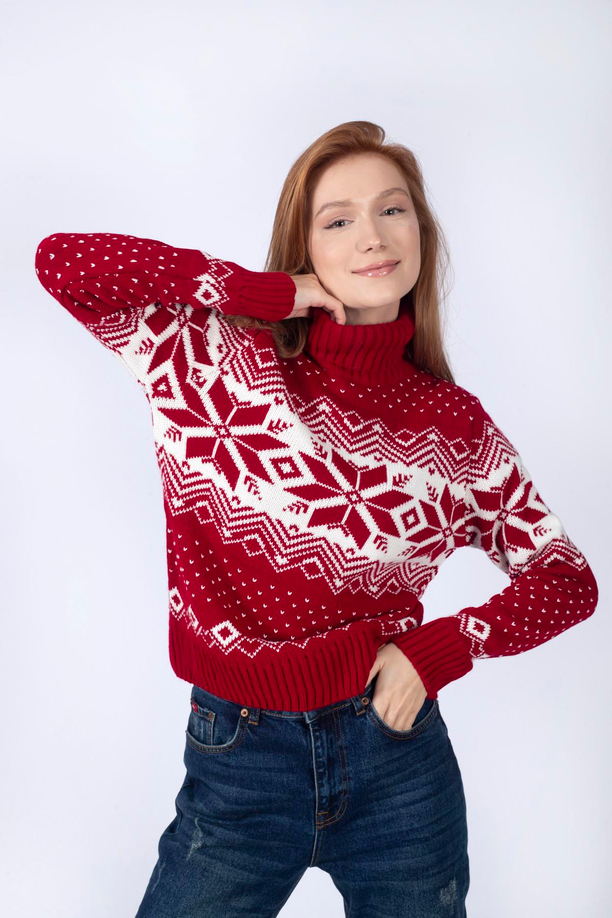 Snow Kadın Triko Kazak Kırmızı-Beyaz