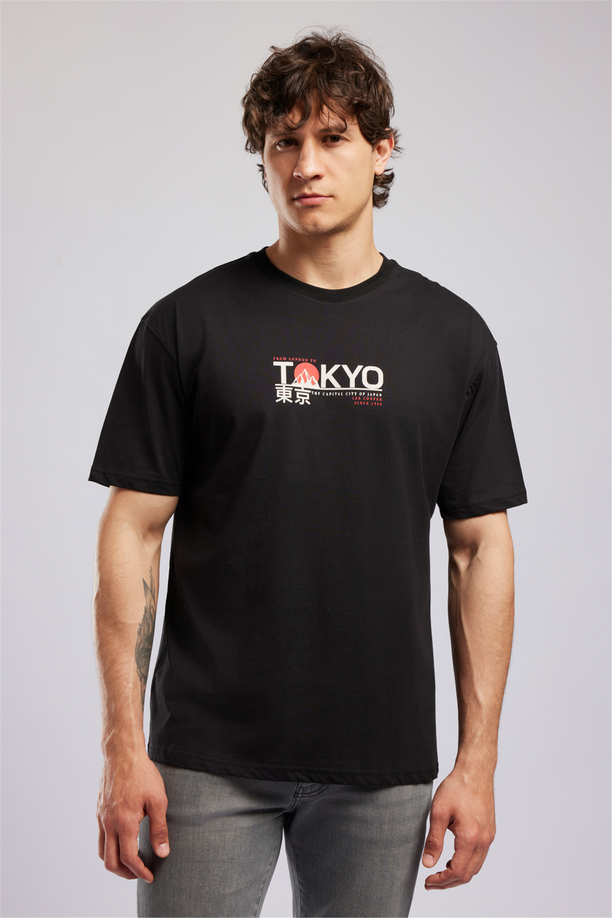 TOBIAS Erkek Loose %100 Pamuk Baskılı Bisiklet Yaka T-Shirt Siyah