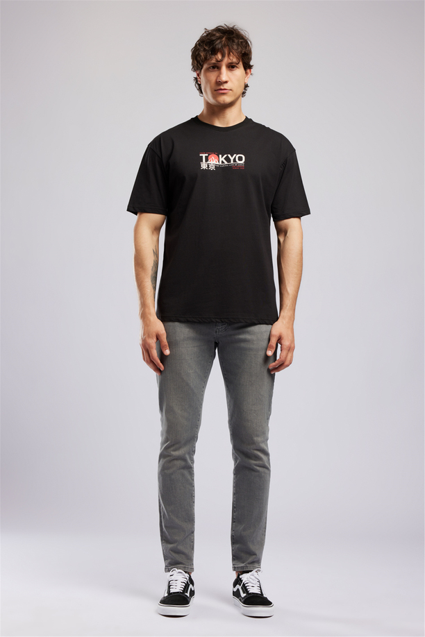 TOBIAS Erkek Loose %100 Pamuk Baskılı Bisiklet Yaka T-Shirt Siyah
