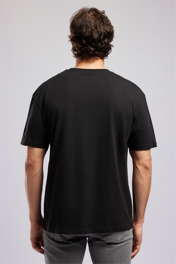 TOBIAS Erkek Loose %100 Pamuk Baskılı Bisiklet Yaka T-Shirt Siyah