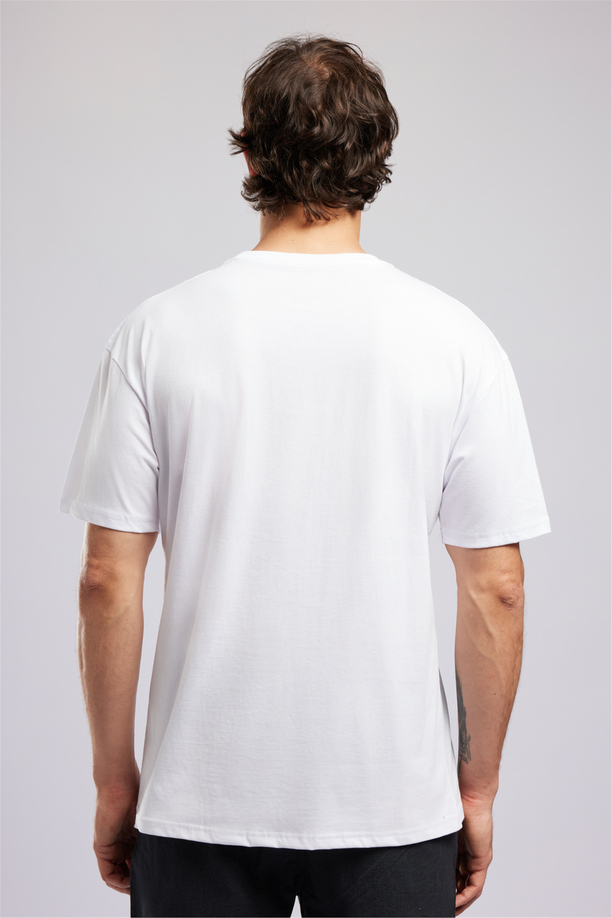 ULRIC Erkek Loose %100 Pamuk Baskılı Bisiklet Yaka T-Shirt Beyaz