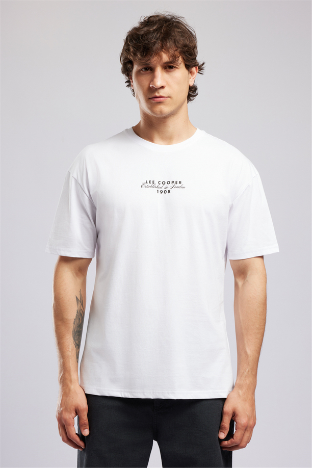 ULRIC Erkek Loose %100 Pamuk Baskılı Bisiklet Yaka T-Shirt Beyaz