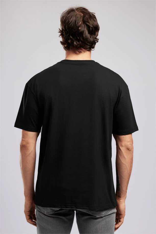 ULRIC Erkek Loose %100 Pamuk Baskılı Bisiklet Yaka T-Shirt Siyah