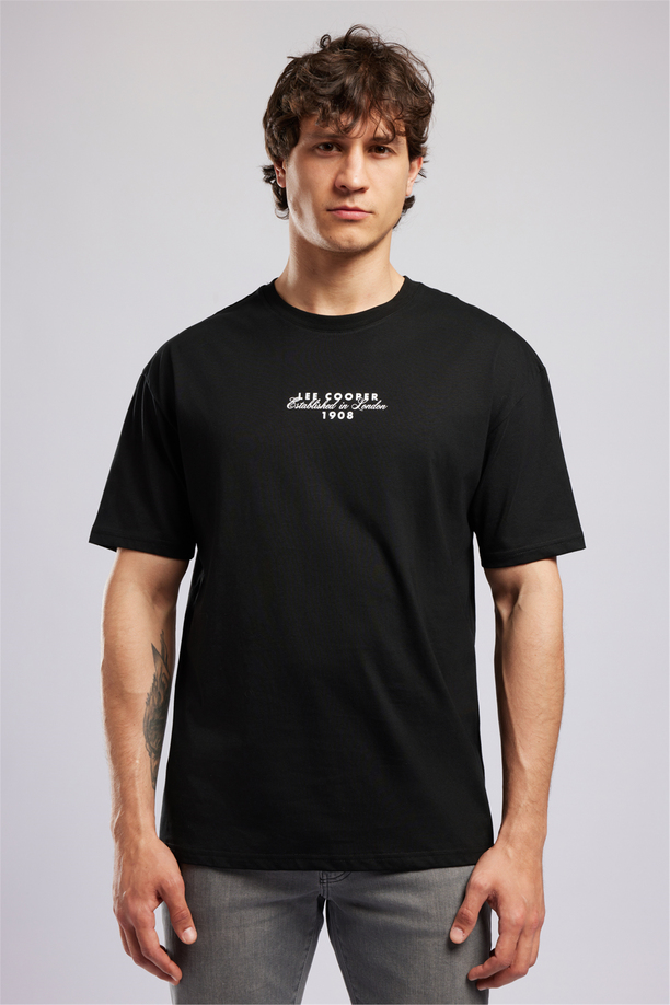 ULRIC Erkek Loose %100 Pamuk Baskılı Bisiklet Yaka T-Shirt Siyah