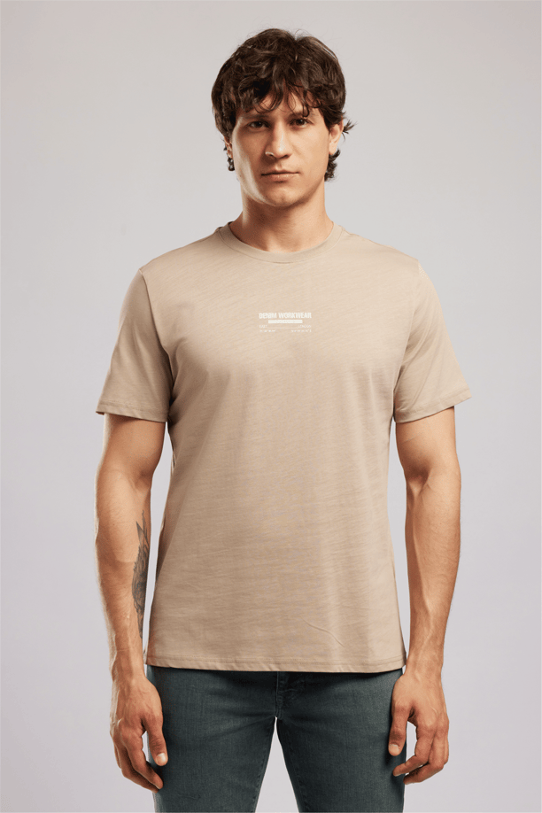 Wılder Erkek Regular Fit %100 Pamuk Baskılı Bisiklet Yaka T-Shirt Kahverengi