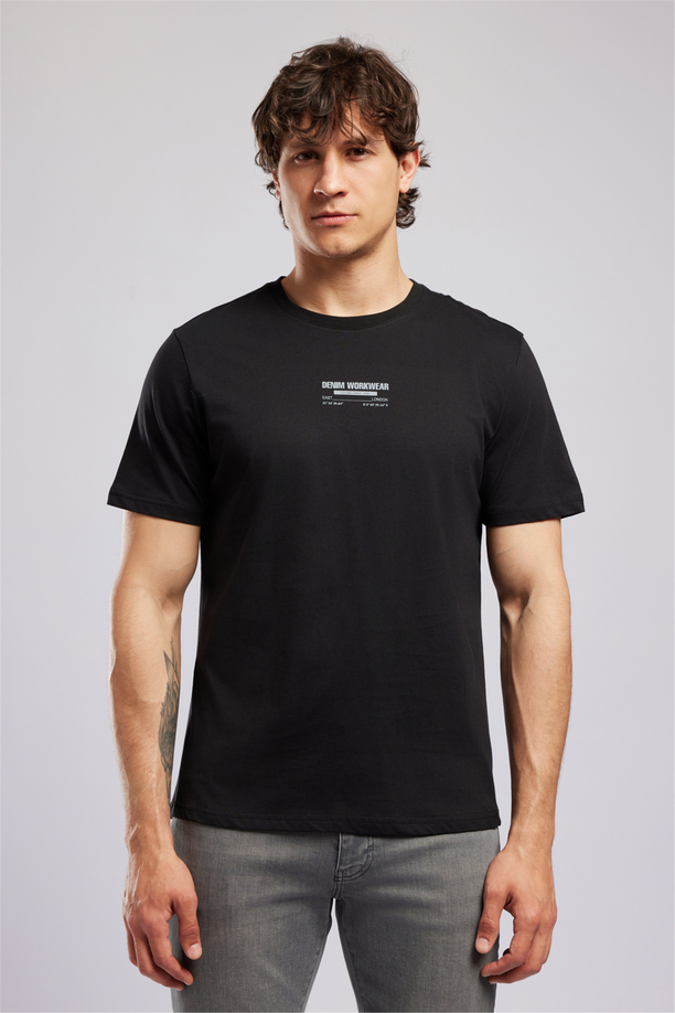 WILDER Erkek Regular Fit %100 Pamuk Baskılı Bisiklet Yaka T-Shirt Siyah