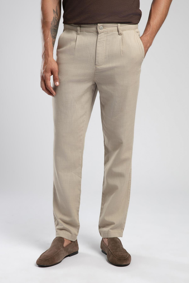 Zarse Orta Bel Konik Kesim Daralan Paça Bej Erkek Pantolon