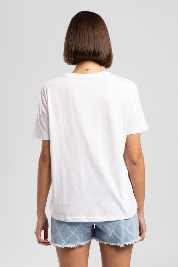 Zebrars Kadın Basic Baskılı Bisiklet Yaka T-Shirt Beyaz