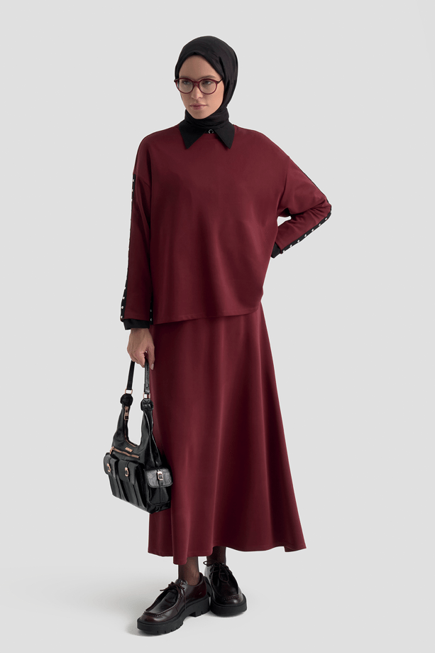 Şeritli Örme Takım Bordo