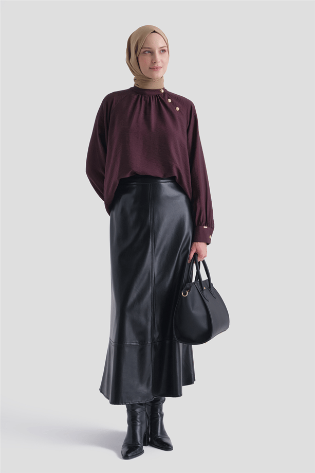 Jakarlı Düğme Detaylı Bluz Mürdüm 