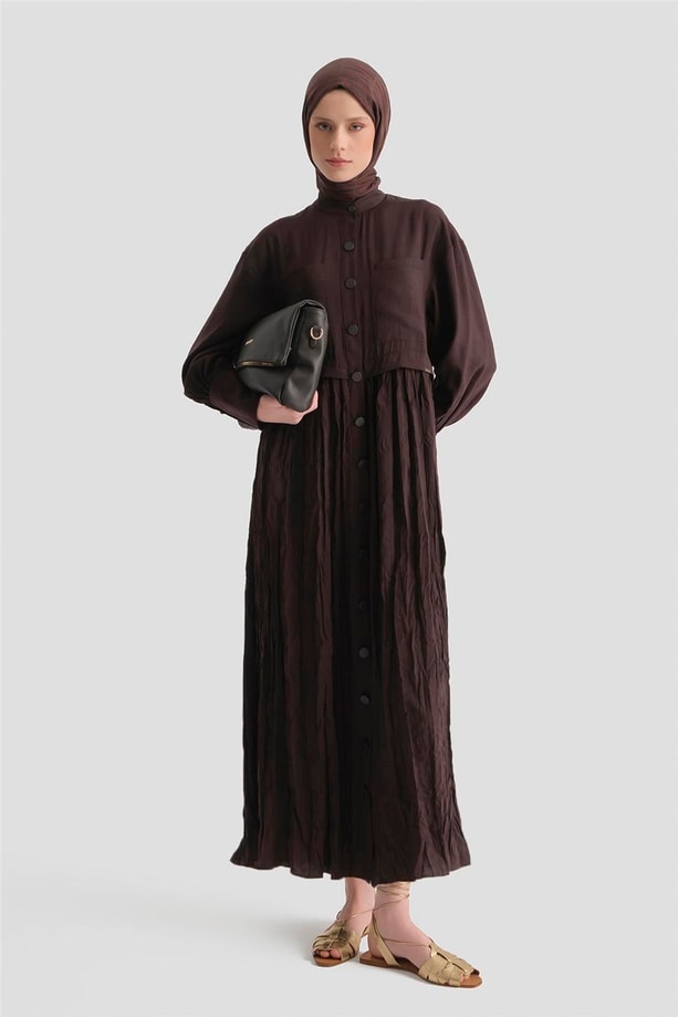 Kırışık Efektli Kupra Elbise Acı Kahve