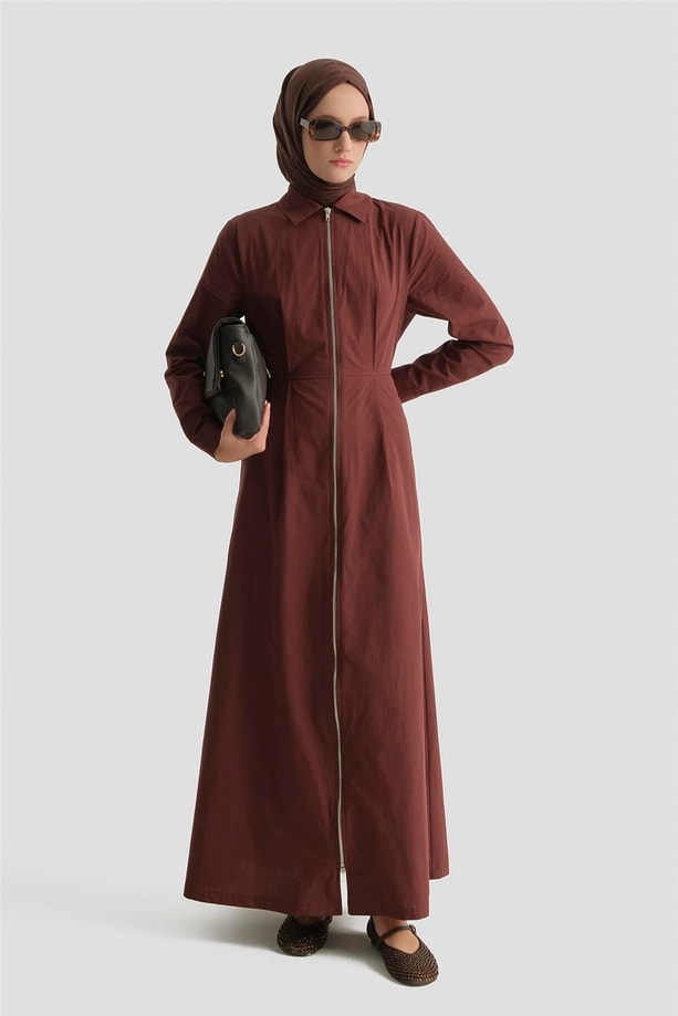 Fermuar Detaylı Fitted Elbise Kahve