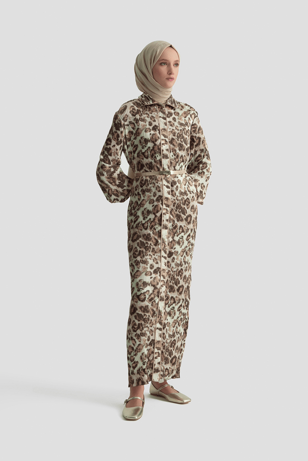 Leopar Desenli Elbise Camel