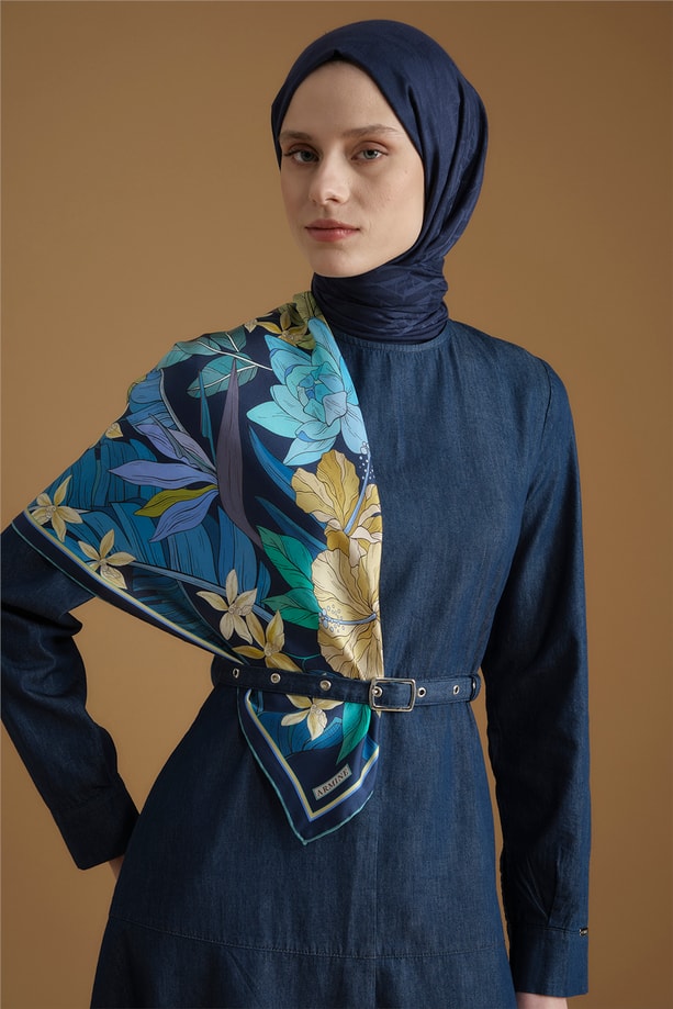 Kemer Detaylı Denim Elbise Lacivert