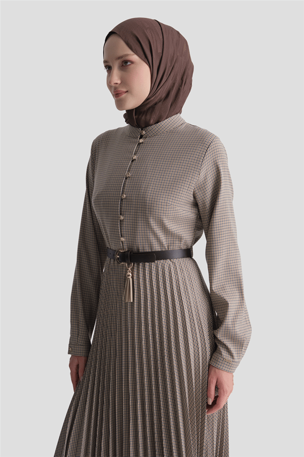 Ekose Desenli Kemerli Elbise Camel 