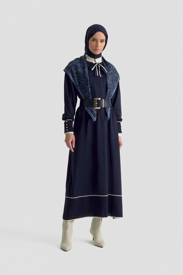 Fularlı Triko Elbise Lacivert
