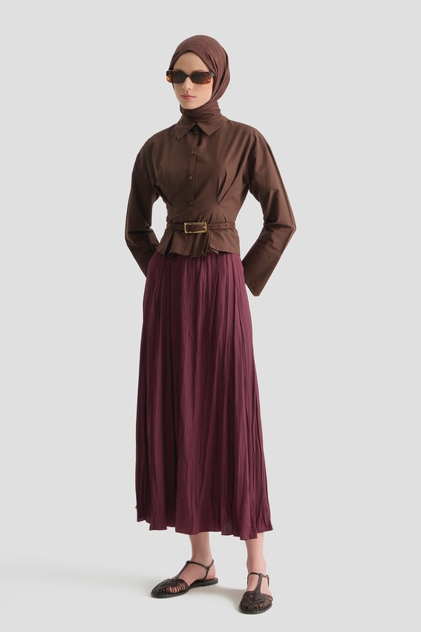 Armine Kırışık Efektli Saten Etek Mürdüm