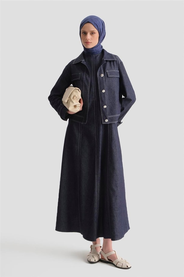 Denim Ceketli Elbise Takım İndigo