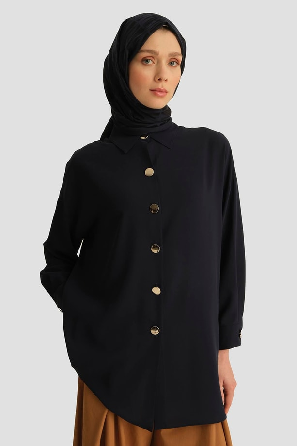 Metal Düğmeli Oversize Tunik Lacivert