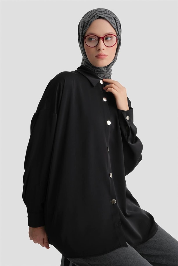Metal Düğmeli Oversize Tunik Siyah