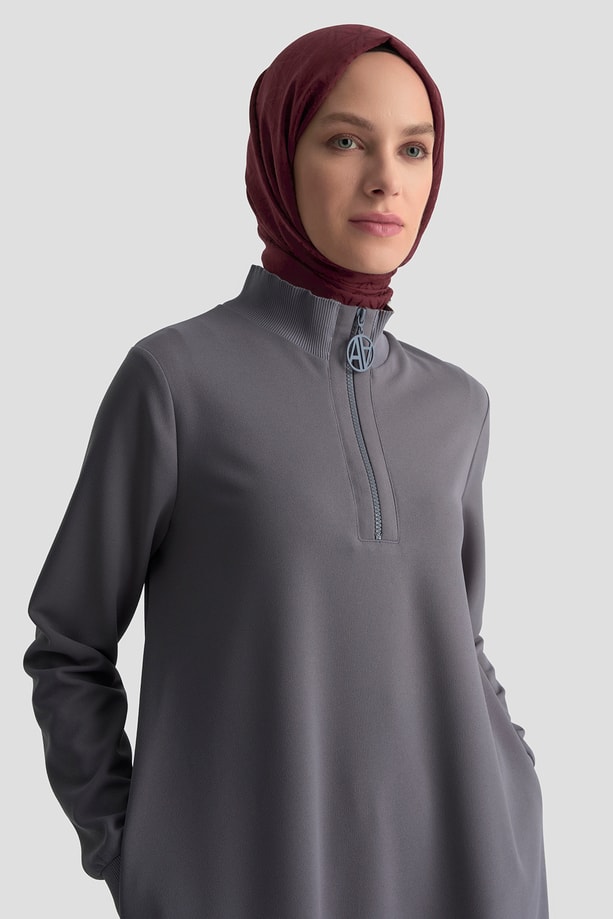 Fermuar Detaylı Basic Tunik Gri
