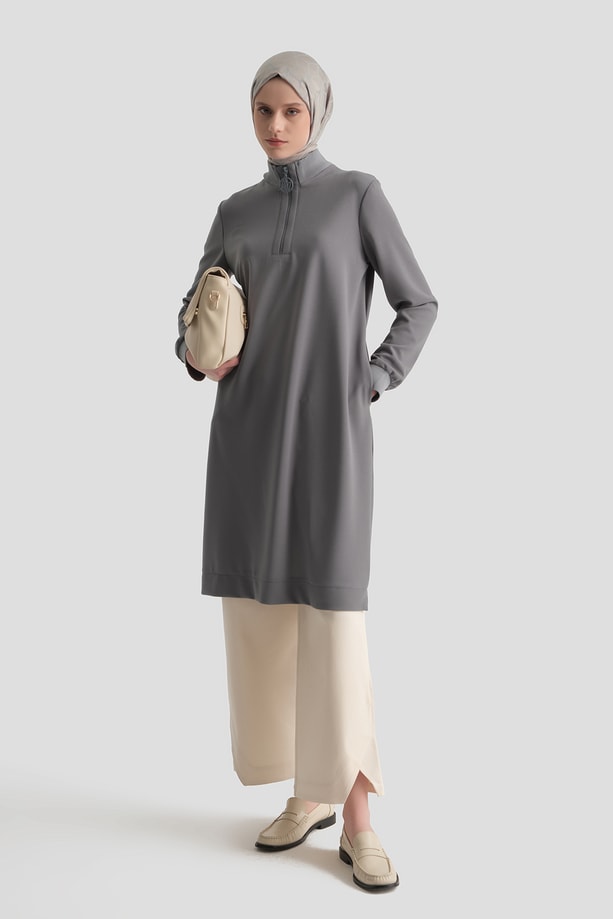 Fermuar Detaylı Basic Tunik Gri