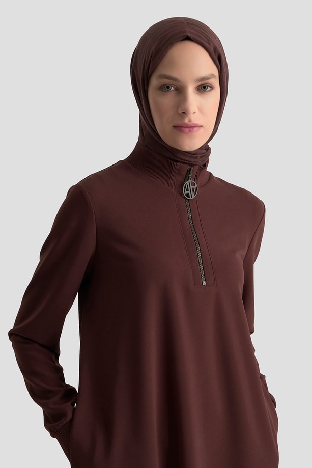 Fermuar Detaylı Basic Tunik Kahve