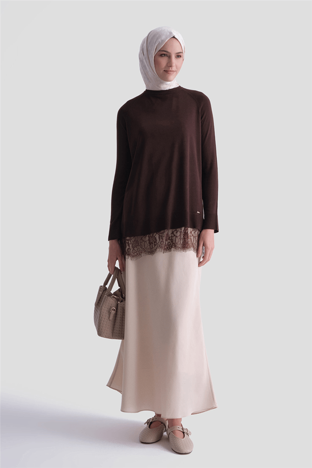Dantelli Rayon Tunik Acı Kahve