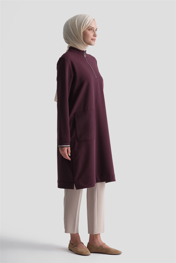 Cep Detaylı Basic Tunik Mürdüm 