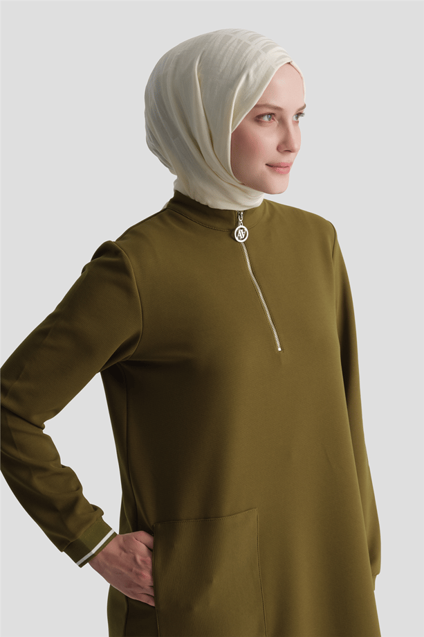 Cep Detaylı Basic Tunik Yağ Yeşili 