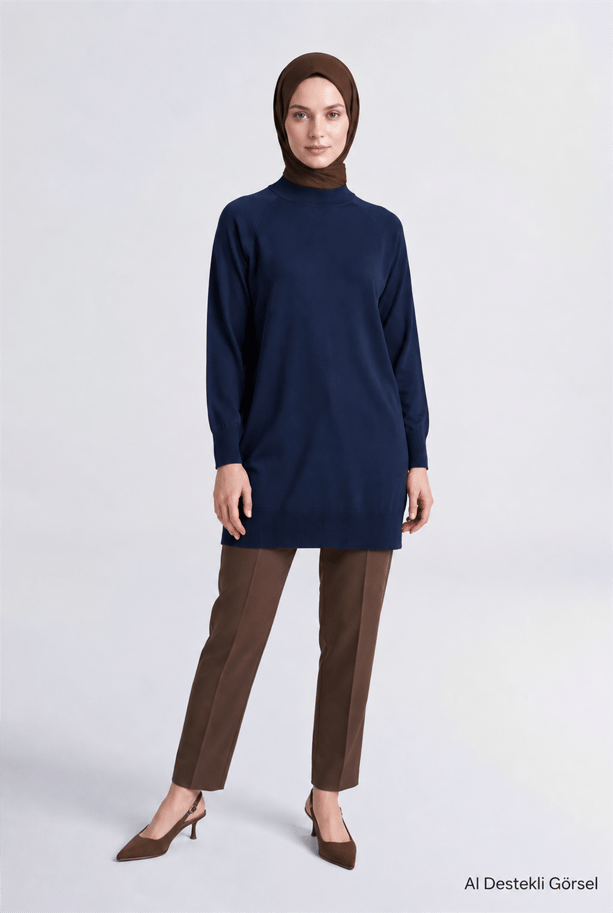 Yüksek Yaka Basic Triko Tunik Lacivert 