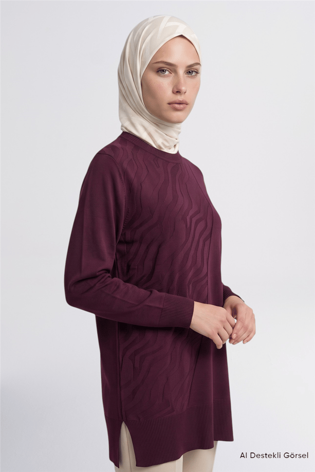 Zebra Desenli Triko Tunik Mürdüm