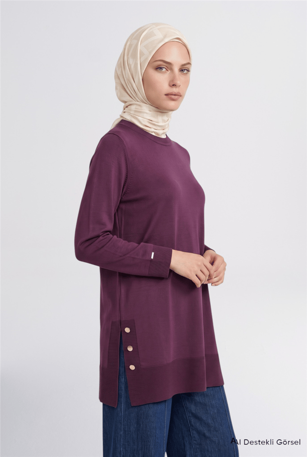 Düğme Detaylı Triko Tunik Mürdüm