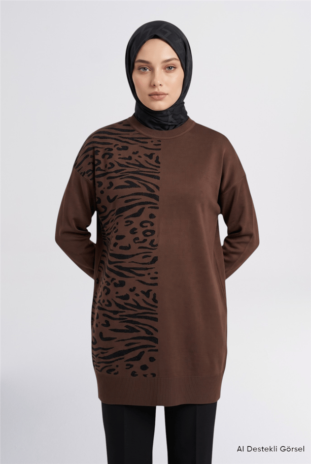 Leopar Desenli Triko Tunik Acı Kahve