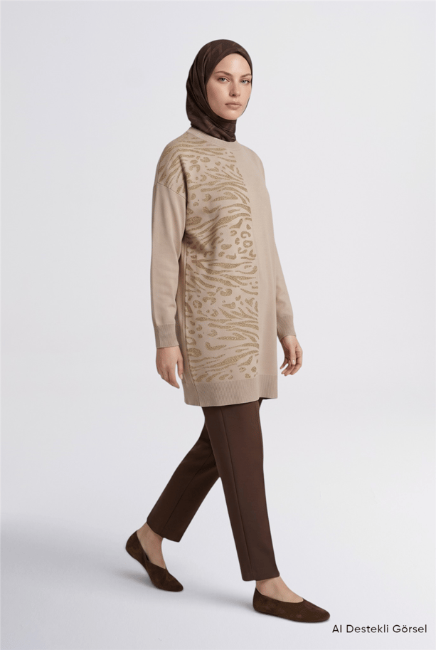 Leopar Desenli Triko Tunik BEJ