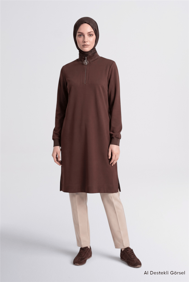 Fermuar Detaylı Basic Tunik Acı Kahve