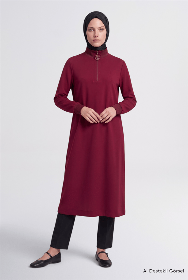 Fermuar Detaylı Basic Tunik Bordo
